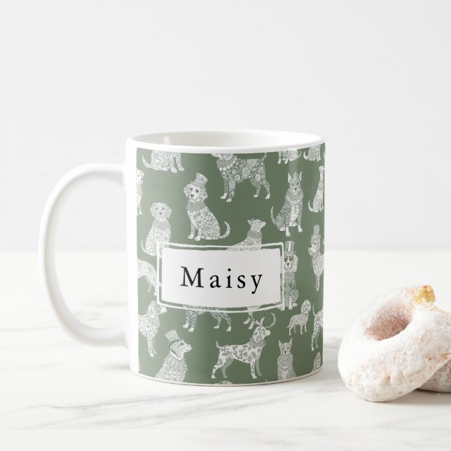 Mug Whimsical Victorian Style Amoureux des chiens Nom  (Avec donut)