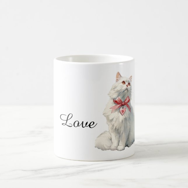Mug White Cat Red Bow Heart Charm (Centre)