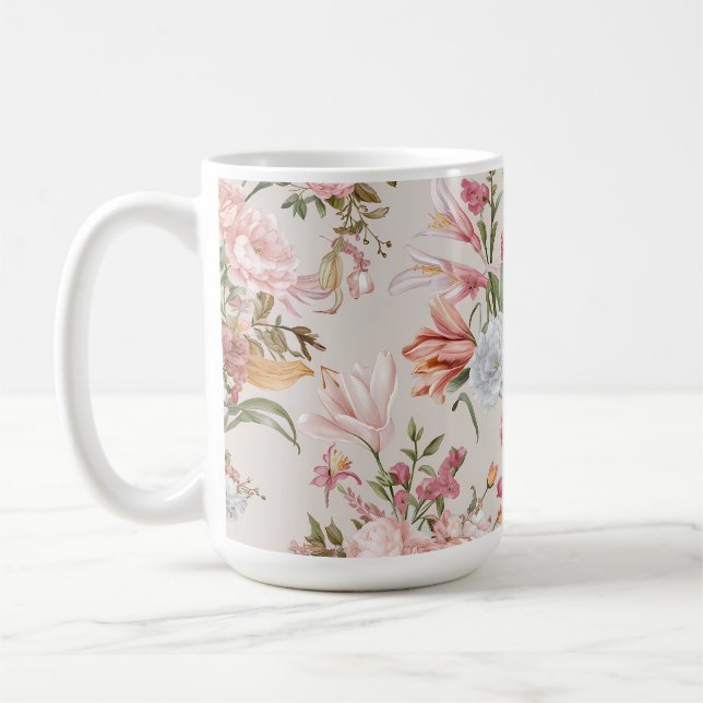 Mug White Cats Pink Roses Floral  (Gauche)