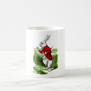 Mug White Rabbit looking at watch. Illustration