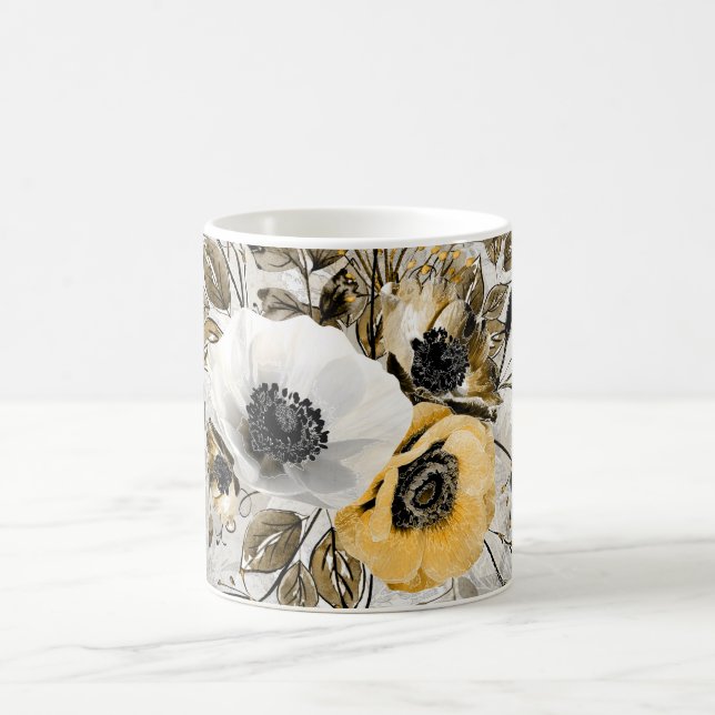 Mug White, yellow anemones on a gray-brown background. (Centre)
