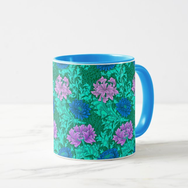 Mug William Morris Chrysanthèmes, Aqua et Violet (Devant droit)