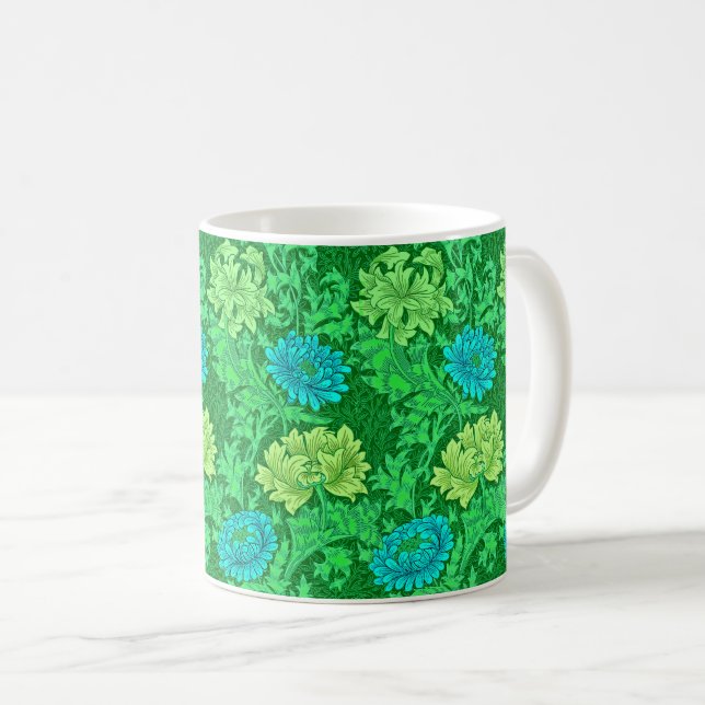 Mug William Morris Chrysanthemums, Lime Green & Aqua (Devant droit)