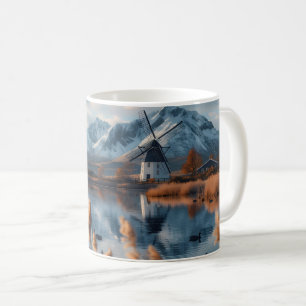 Mug Windmill sur un lac avec paysage de montagnes