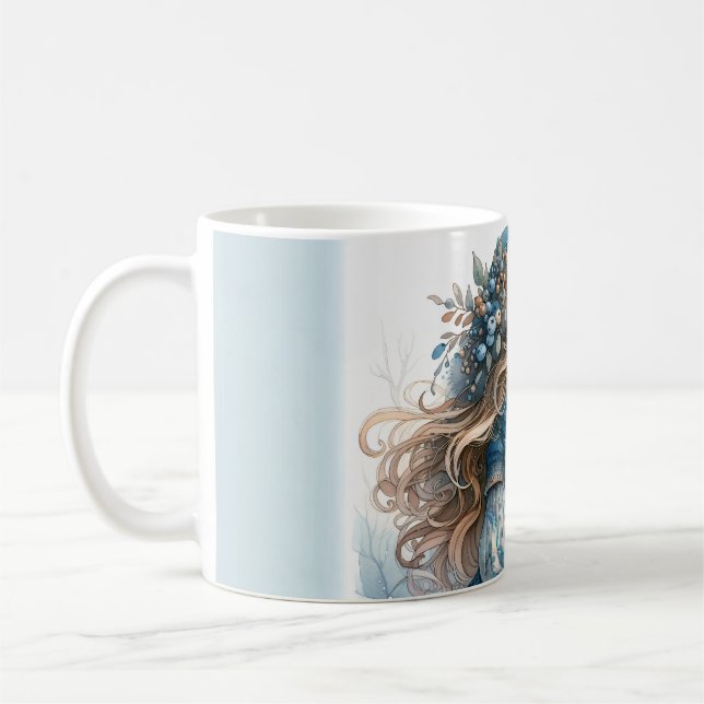 Mug Winter Girl with Bird in Blue Floral Coat (Gauche)