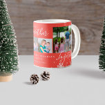 Mug Winter holiday family 4 photo collage snowflakes<br><div class="desc">Modern elegant Christmas simple winter holiday family four photo collage mug featuring Together (editable) script lettering with white snowflakes over a rusty red background.                                                                                                                                                                                                                                                                , </div>