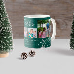 Mug Winter holiday family 4 photo collage snowflakes<br><div class="desc">Modern elegant Christmas simple winter holiday family four photo collage mug featuring Together (editable) script lettering with white snowflakes over a dark hunter green background.                                                                                                                                                                                                                                                                , </div>