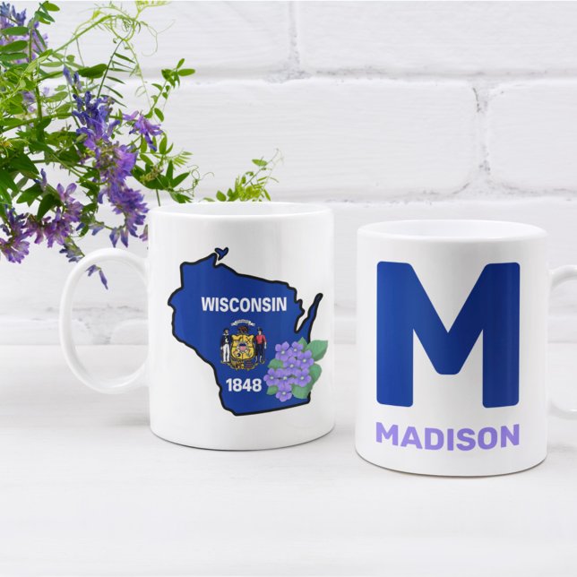 Mug Wisconsin Drapeau et Fleur Bleu Violet Nom personn (Créateur téléchargé)