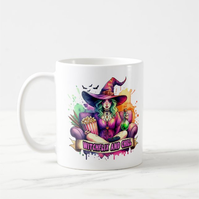 Mug "Witchflix and Chill - Fun Witch Design pour Hallo (Gauche)