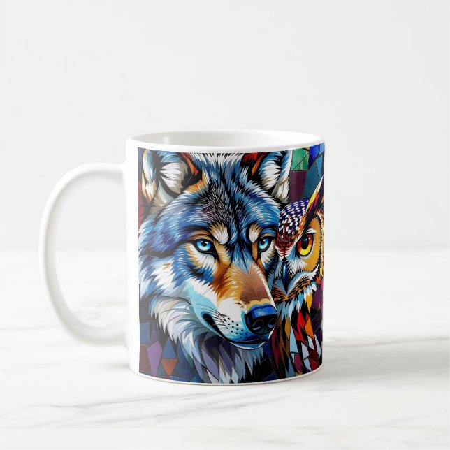 Mug Wolf and Owl Vibrant and Colorful  (Gauche)