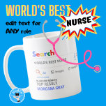 Mug WORLDS BEST NURSE Funny Top Search Result<br><div class="desc">Faites part de votre appréciation pour la plus grande infirmière du monde avec un cadeau unique et réfléchi! Le Google Search Mug présente un design amusant et ludique inspiré du moteur de recherche Google. Lorsque vous cherchez la "plus grande infirmière du monde", le nom du récipiendaire apparaît au premier endroit,...</div>