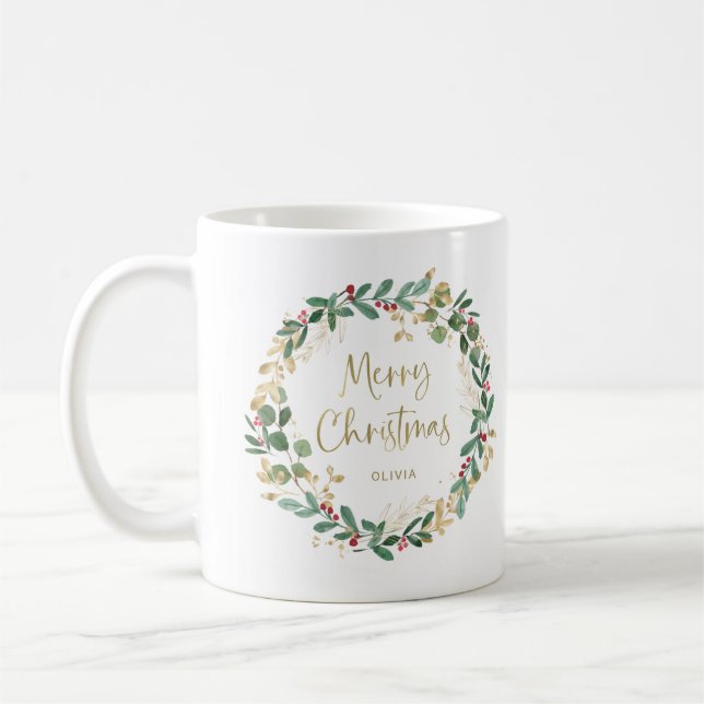 Mug Wreath et Gold Script modernes | Joyeux Noël (Gauche)