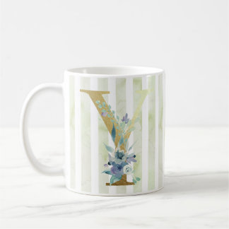 Mug Y, initiale dorée sur bandes bleues et blanches