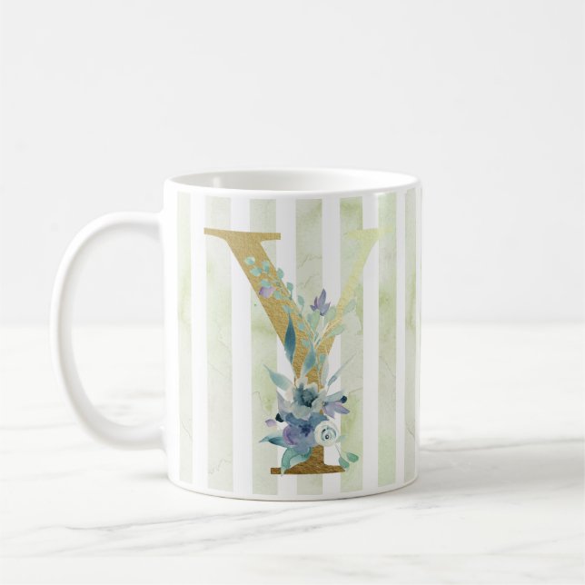 Mug Y, initiale dorée sur bandes bleues et blanches (Gauche)