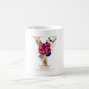 Mug Y Monogramme Floral Bourgogne Rouge et bleu marine
