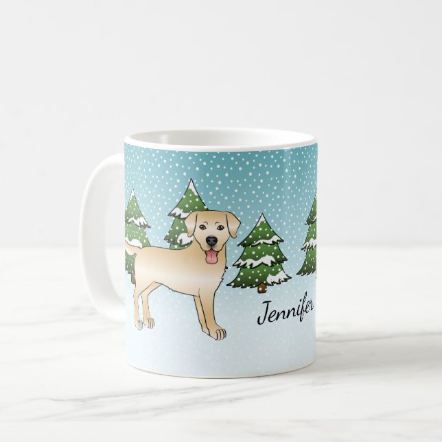 Mug Yellow Labrador Retriever - Forêt d'hiver et nom (Devant gauche)