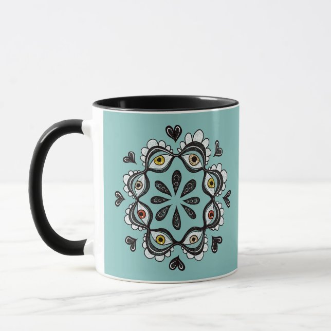 Mug Yeux Trippy avec Coeurs Art Surreal - Dessin d'enc (Gauche)