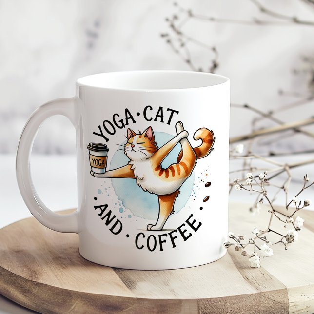 Mug "Yoga Cat and Coffee" Drôle Amoureux des chats ("Yoga Cat and Coffee" Funny Cat Lover's Coffee Mug on a boho kitchen table with tiny flowers)