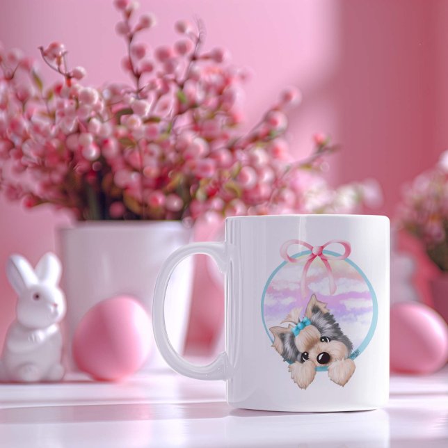 Mug Yorkshire Terrier Coquette (Sweet KiniArt™️ Yorkie Terrier dog art in a coquette aesthetic design by Kim Niles, on coffee mugs)