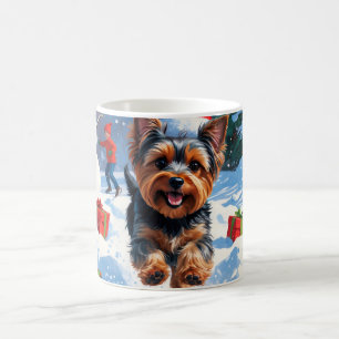 Mug Yorkshire Terrier dans la neige avec un chapeau de