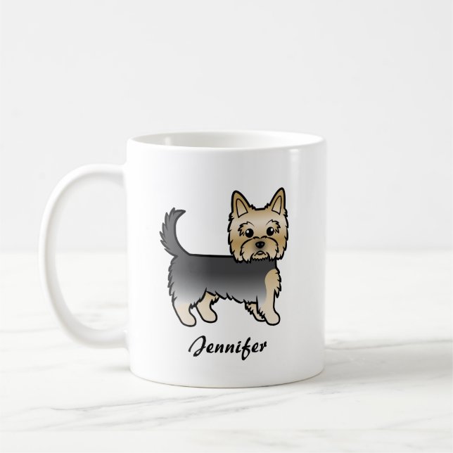 Mug Yorkshire Terrier de dessin animé bleu et or & nom (Gauche)