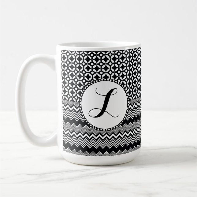 Mug Zags Zig noir et blanc, Monogramme de médaillon ré (Gauche)