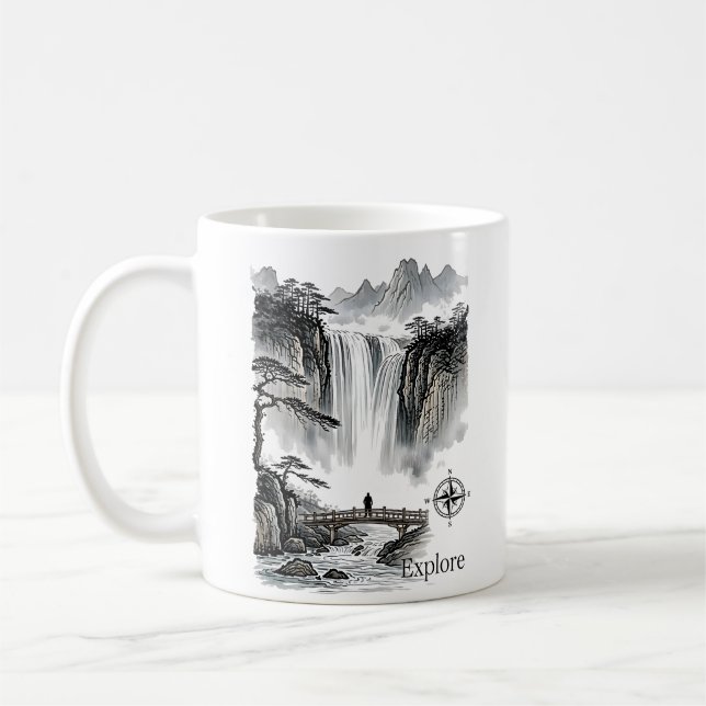 Mug Zen Waterfall Mountain Ink Art Explore Compass (Gauche)