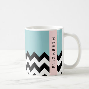 Mug Zigzag noir et blanc, Chevron, Bleu, Votre nom