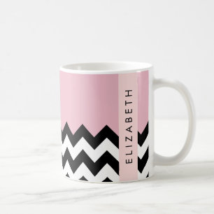 Mug Zigzag noir et blanc, Chevron, rose, Votre nom