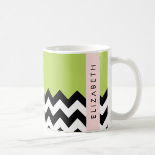 Mug Zigzag noir et blanc, Chevron, Vert, Votre nom