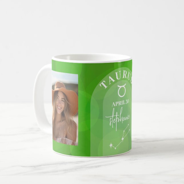 Mug Zodiac Taurus Personnalisé Anniversaire Photo Astr (Devant gauche)