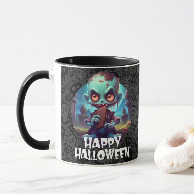 Mug Zombie mangeant du chocolat Joyeux Halloween (Avec donut)