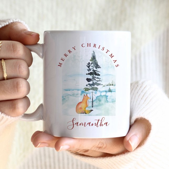 Mugs de Noël hiver mignons (Christmas coffee mugs feature a watercolor winter scene with fox. Personalized with your name)