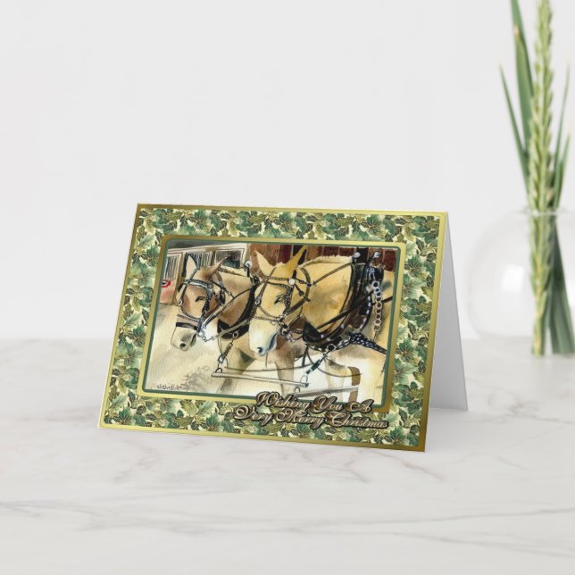 Mules dans la carte de Noël de blanc de harnais (Devant)