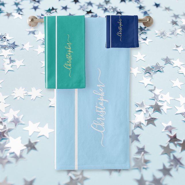 Multicolore Bleu Turquoise Blanc Grilles Monogramm (Multicolor Blue Teal White Racing Stripes Monogram Bath Towel Set)