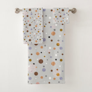 Multicolored polka dots on gray.