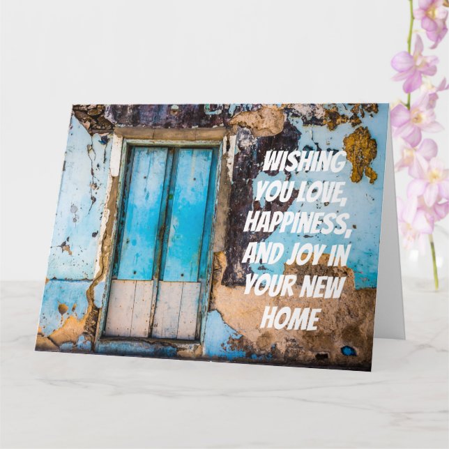 Mur bleu et porte nouvelle carte de félicitations  (Orchidée)