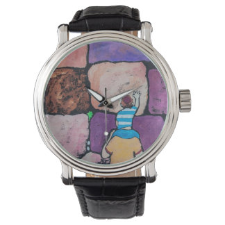 Mur d'escargot avec montre parent et enfant