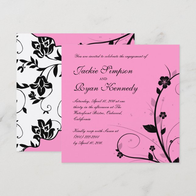 Mur floral Faire-part de mariage d'argent noir ros (Devant / Derrière)