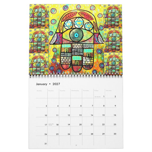 Mural Calendrier de douze mois de Judaica Hamsa (Jan 2027)