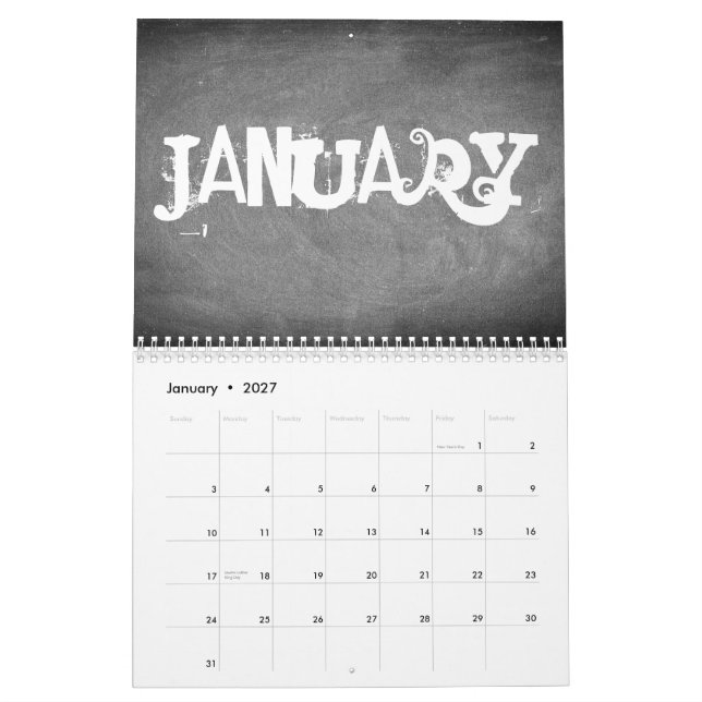 Mural Calendrier du tableau de bord 2018 Texte noir et b (Jan 2027)
