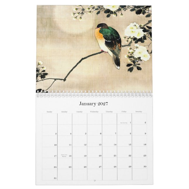 Mural Oiseaux, arbres et calendrier japonais de fleurs (Jan 2027)