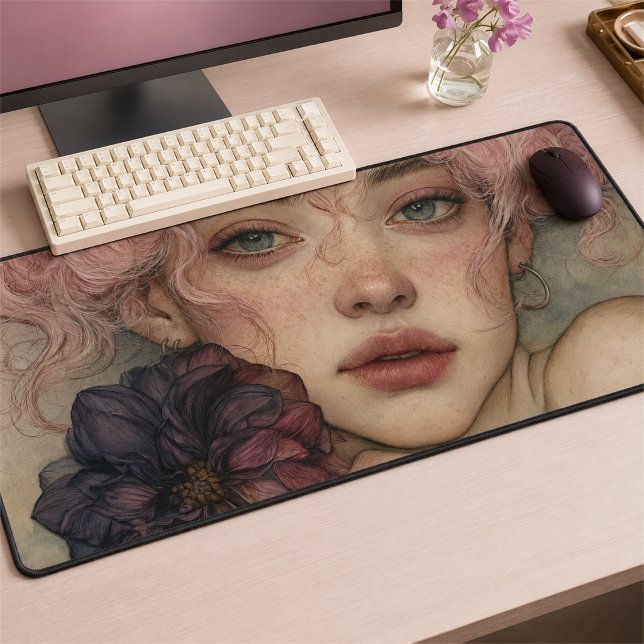 Muse rêveuse aux cheveux roses avec un dahlia viol (Créateur téléchargé)