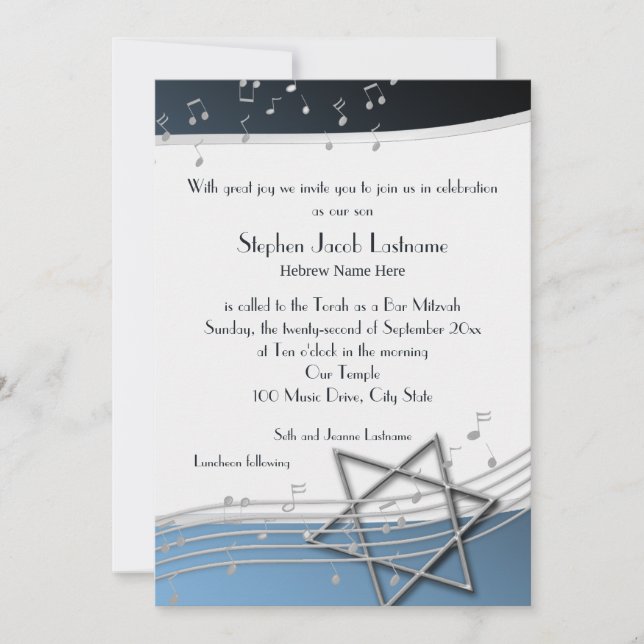 Music Notes Bar Mitzvah Silver and Blue Invitation (Devant)
