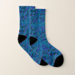 Music Notes Pattern musicale Blue Purple<br><div class="desc">Awesome music socks ! A dreamy dynamic pattern of lively music notes in deeper hues; eighth and sixteenth notes in dark blue green with light blue edging; purple and blue swirly semi abstracted translucent notes; and a solid medium ocean background shade bling. This upbeat design is fun & expressive, for...</div>