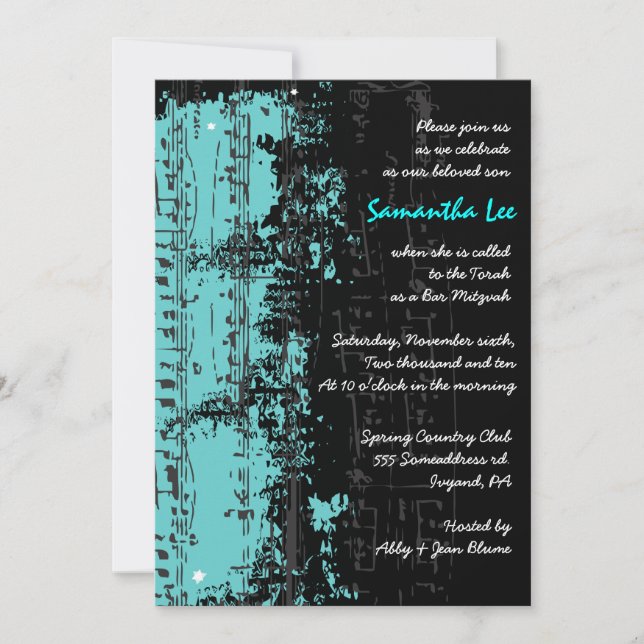 Music Notes Stars Bar Mitzvah Invitation Aqua (Devant)