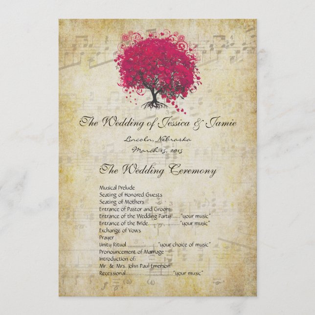 Musical Fuchsia Heart Leaf Tree Wedding Programme (Devant)