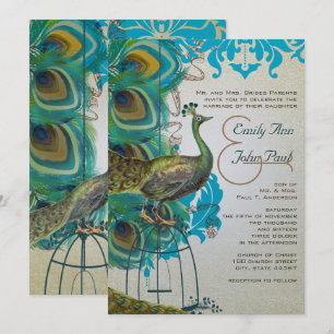 Musical Silver Peacock Bird Cage Invitations de pl
