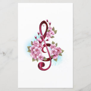 Musical treble clef notes with sakura flowers