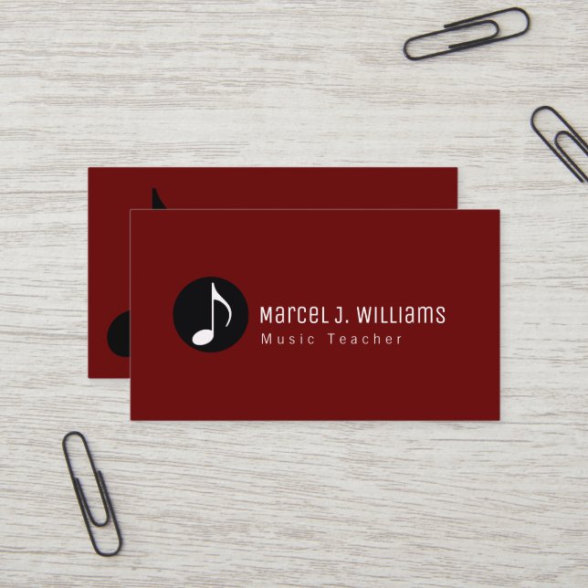 Musiciens Carte de visite rouge foncé avec note mu (Devant/Arrière en situation)
